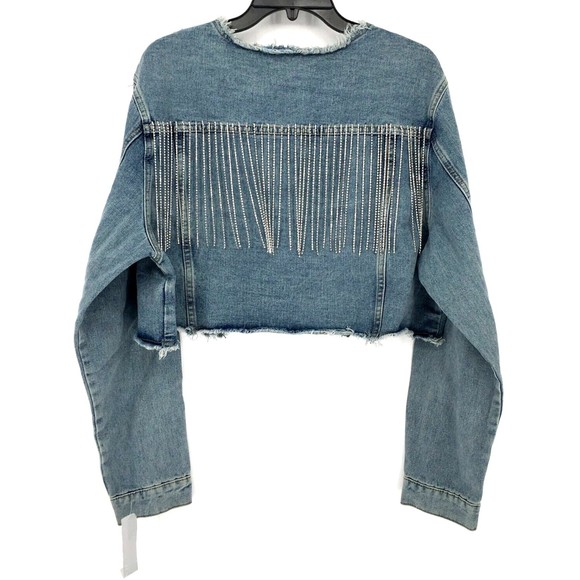 NWT Vocal Apparel Women's M Cropped Blue Denim Jacket Rhinestone Fringe Raw Hem - Picture 1 of 4